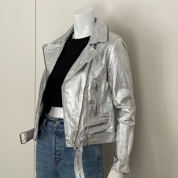 BANO EEMEE Metallic Moto Leather Jacket in Silver - Picture 5 of 13